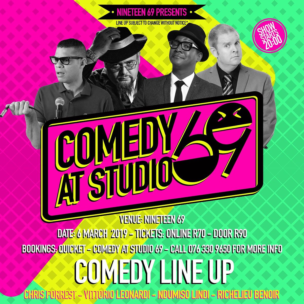 Tickets now available for the next Comedy at Studio 69 with <a href="/ChrisForrestSA/">Chris Forrest</a> <a href="/vittorioleo/">Vittorio Leonardi</a> <a href="/NdumisoLindi/">Ndumiso 🐓 Lindi (ROOSTA)</a> and <a href="/richelieub/">The Real Mister B</a>

Get them while they're hot: qkt.io/MAR69