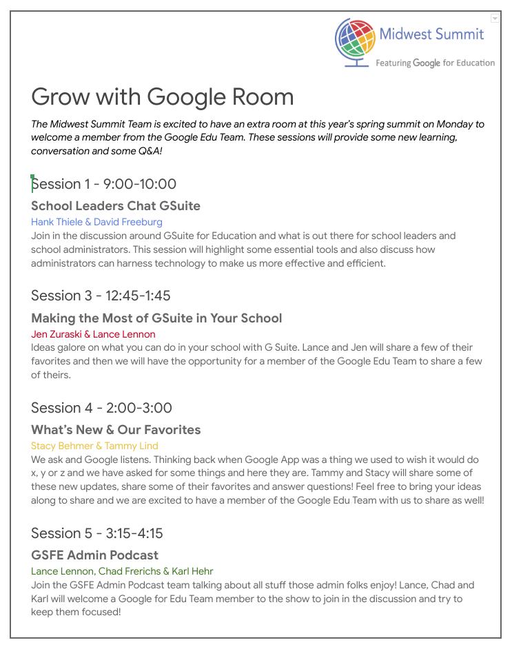 Exciting News Google will be in the house at The Midwest Summit! Be there to hear what is new with Google from the Google Edu Team. We have added some amazing sessions partnered with our friends at Google at #mwgs Register now for March 11-12 at sites.google.com/cesa5.org/mwgs