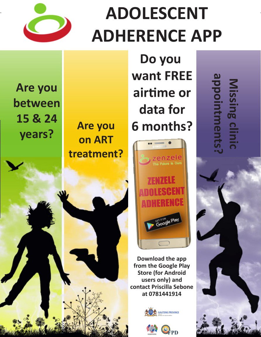 Zenzele_TFIO's tweet photo. Participation in our Zenzele Adolescent Adherence app has now been extended to youth living with HIV in the Tshwane area, in addition to Ekurhuleni area. The App can be downloaded from; https://t.co/0wZo9FNtgO.
Be #HIVSmart #Zenzele https://t.co/V4S56xZKR5