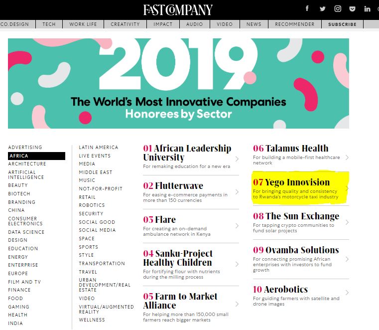 #YEGO is so proud and honored to be ranked among the 'Top 10 Most Innovative Companies' in #Africa by <a href="/FastCompany/">Fast Company</a> for bringing quality and consistency to #Rwanda's motorcycle industry.

Read more bit.ly/2TTsagS

#FCMostInnovative #Yegocabs #Yegomoto <a href="/RURA_RWANDA/">Rwanda Utilities Regulatory Authority - RURA</a> #RwOT