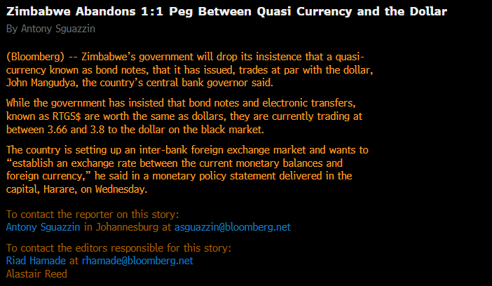 MathiasAlthoff's tweet image. #Zimbabwe finally admitting the failure of #BondNotes. 
*ZIMBABWE ABANDONS 1:1 PEG BETWEEN QUASI CURRENCY AND THE DOLLAR