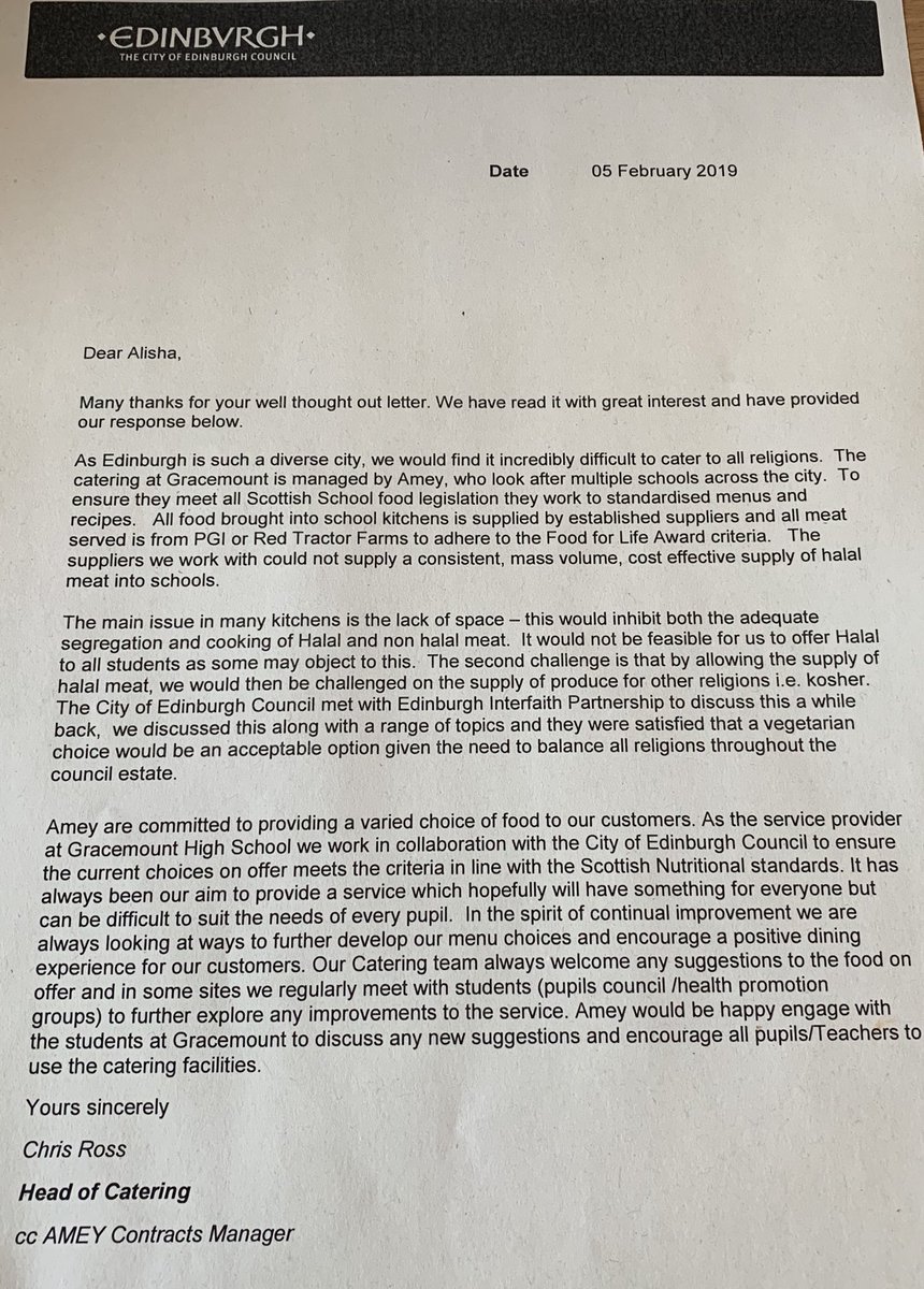 GHSPupilCl's tweet photo. Response from Edinburgh Council from our halal meat issue, not what we expected but we will not stop here! #halalorharam #wewontstophere https://t.co/jXycgJ4DAg