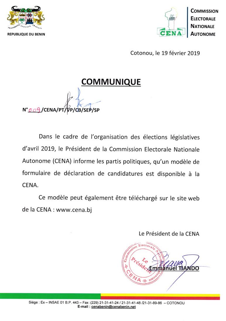 Réception des déclarations de candidatures aux élections législatives de 2019. 
La <a href="/Cenabenin_info/">CENA BÉNIN</a> Communique
#Benin #Presse <a href="/AFRICA24TV/">#AFRICA24</a> @Wasexo <a href="/Abpbj/">Agence Bénin-Presse</a> <a href="/a24media/">A24MAX</a> <a href="/africanewsfr/">Africanews Français</a> #Législatives #le229 <a href="/PresidenceBenin/">Présidence du Bénin</a> <a href="/RPresse/">Revue de Presse</a> <a href="/golfetv/">Golfe Medias</a>,<a href="/_bbcafrique/">@bbcafrique</a>