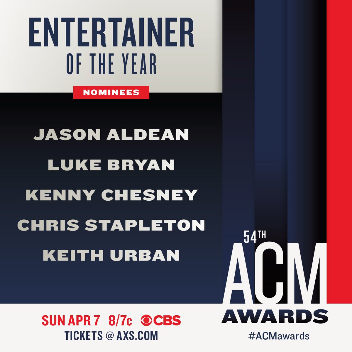 Cheers to #ACMawards Entertainer of the Year nominees <a href="/Jason_Aldean/">Jason Aldean</a>, @LukeBryanOnline, @KennyChesney, <a href="/ChrisStapleton/">Chris Stapleton</a>, and <a href="/KeithUrban/">Keith Urban</a>! 🕺🎸