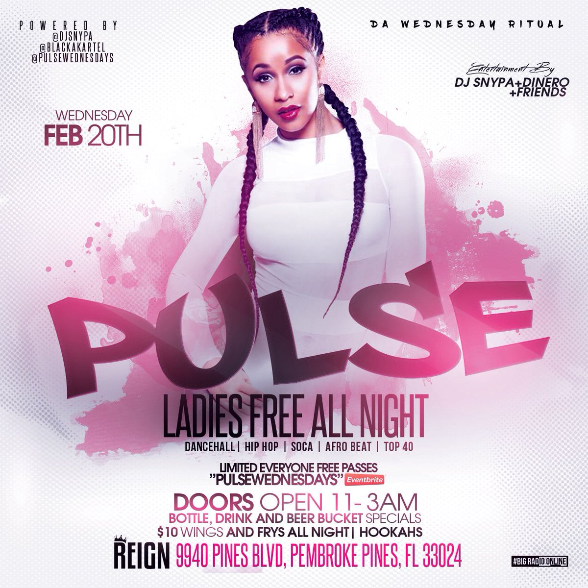Royalcrownlive's tweet photo. TONIGHT ‼️
⚡️⚡️PULSE WEDNESDAYS⚡️⚡️
-
Ladies Free All Night
-
•Entertainment By 
-
Miami Jugglin Kings 
@Djsnypa ❌ @World_Dinero 
_ 
-
• ‼️NEW VENUE 
@reignbarlounge 
9940 Pines Blvd, Pembroke Pines
#pulsewednesdays https://t.co/sgFaJLdEnk