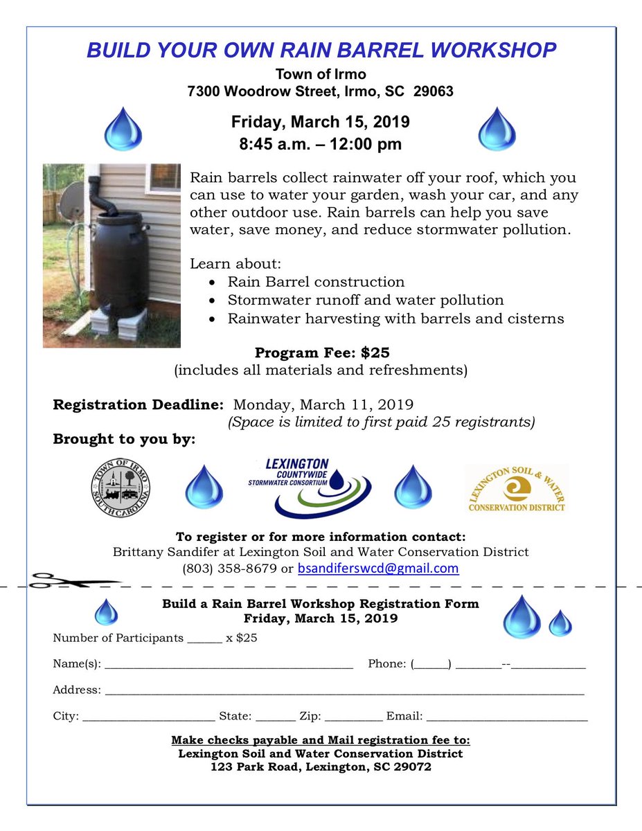 Want to make a rain barrel? You have a chance on Friday, March 15th at Town of Irmo from 8:45am to 12:00pm. See flyer for more information about registration.