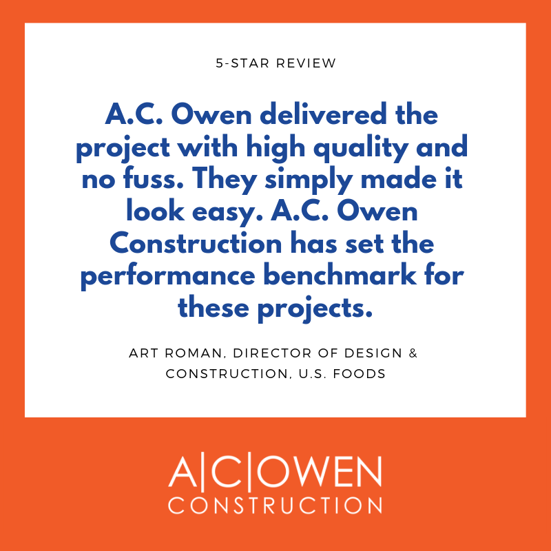 acowenconstruct's tweet photo. #ClientTestimonial: A.C. Owen delivered the project with high quality and no fuss. They simply made it look easy. A.C. Owen Construction has set the performance benchmark for these projects. -Art Roman, Director of Design &amp; Construction, U.S. Foods https://t.co/t28M6sYiM3