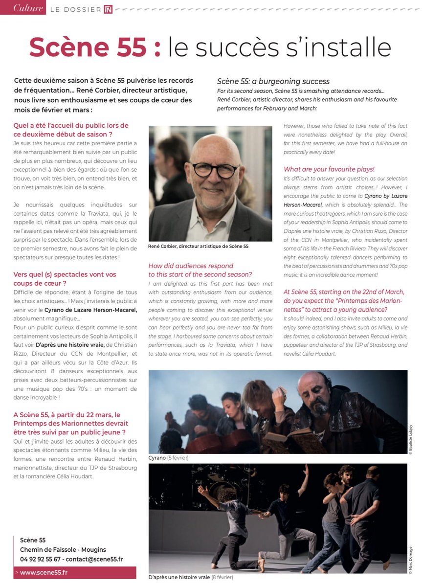 scene55mougins's tweet photo. 📰 A relire !
Dossier culture ➡ "Scène 55 : le succès s'installe" !
A lire dans le magazine #InAntipolis IN CLUB 🗞
Encore + d'actus sur Scène 55 à @villedemougins 👉 https://t.co/svzUmMszh6 https://t.co/Yk1pabs4Jr