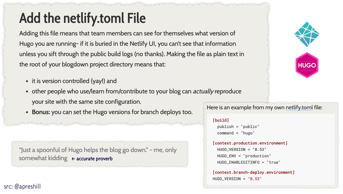 💪 Up your blogdown game w/ <a href="/apreshill/">Alison Hill</a>'s "spoonful" series!
🥄 "A Spoonful of Hugo: The netlify.toml File"
buff.ly/2TUvVTq #blogdown 
/* PS Already put this one into my own site! */