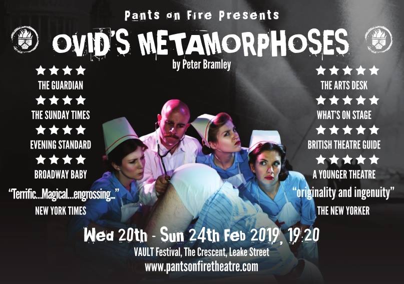 EveryTheatre's tweet photo. TONIGHT 7.20pm Award-winning, sell-out actor-musician extravaganza presents ancient myths as you’ve never see them before! Catch @pantsonfireco #OvidsMetamorphoses 20-24 Feb @thevaultsuk #VaultFestival2019 https://t.co/NBlsaoQKBV #ad https://t.co/To9CFnBqMS