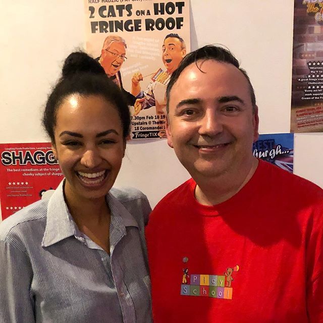 funnyaboutthat's tweet photo. Not only were we blessed by the presence of @behindthenews presenter @amelia.may.moseley but @saline66's #review came out tonight: 4 stars for #2CatsOnAHotFringeRoof. "The two cats are desperately, wickedly, absurdly #funny". "An @adlfringe jewel". https://t.co/4HhzU3YUkj https://t.co/JiIRBgZEDI