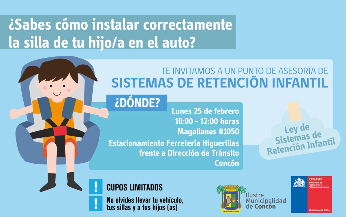 conaset's tweet photo. ¡Atención Región de #Valparaíso! El día lunes 25 de febrero se llevará a cabo un punto de Asesoría en Sistemas de Retención Infantil en la ciudad #Concón.

Inscripciones en ➡ https://t.co/bKl2tnmzAK … 
(enviaremos un mensaje a tu correo asegurando tu cupo) 
⚠CUPOS LIMITADOS⚠ https://t.co/zowBKOJsMz