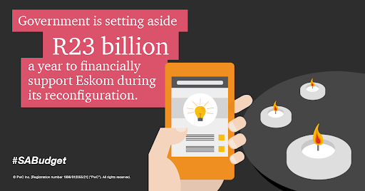 pwc_za's tweet image. It was made clear in #Budget2019 that Government is not taking on Eskom’s debt, however they’re setting aside R23 billion a year to financially support Eskom during its reconfiguration. ow.ly/Q3Pe50lNYKR #PathofHope