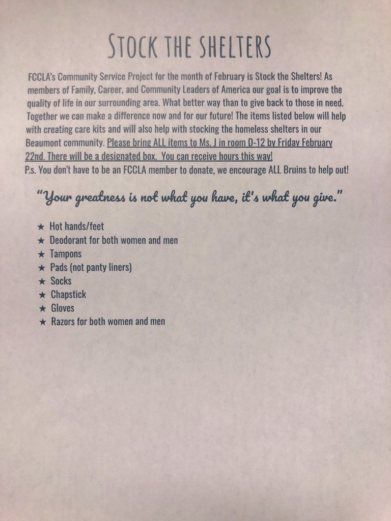 WBHS_FCCLA's tweet photo. Don’t forget to bring your items to Ms. J in room D-12 by Friday! Help us #StockTheShelters &amp; make care packages for the homeless shelters in our Beaumont community! #GiveWhatYouCan #AnythingHelps #FCCLAfam #CallingAllBruins ♥️✨🧦🧤 https://t.co/OUDelPpQrx