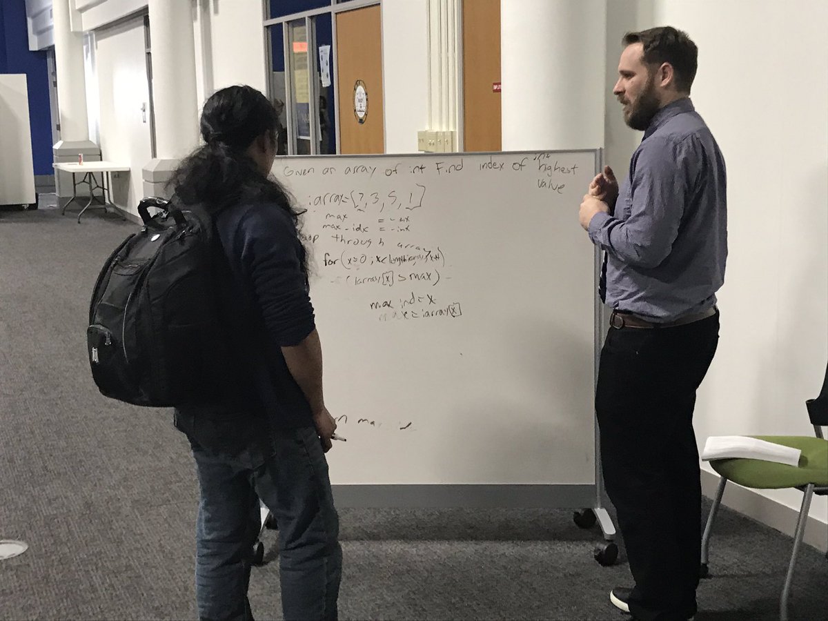 leahkfreePR's tweet photo. Live coding interview practice in the Mentor Center last night. I have no earthly idea what the code means but seeing my colleagues in their element is the best. 🚀🚀 https://t.co/Vhf0vSkAbo