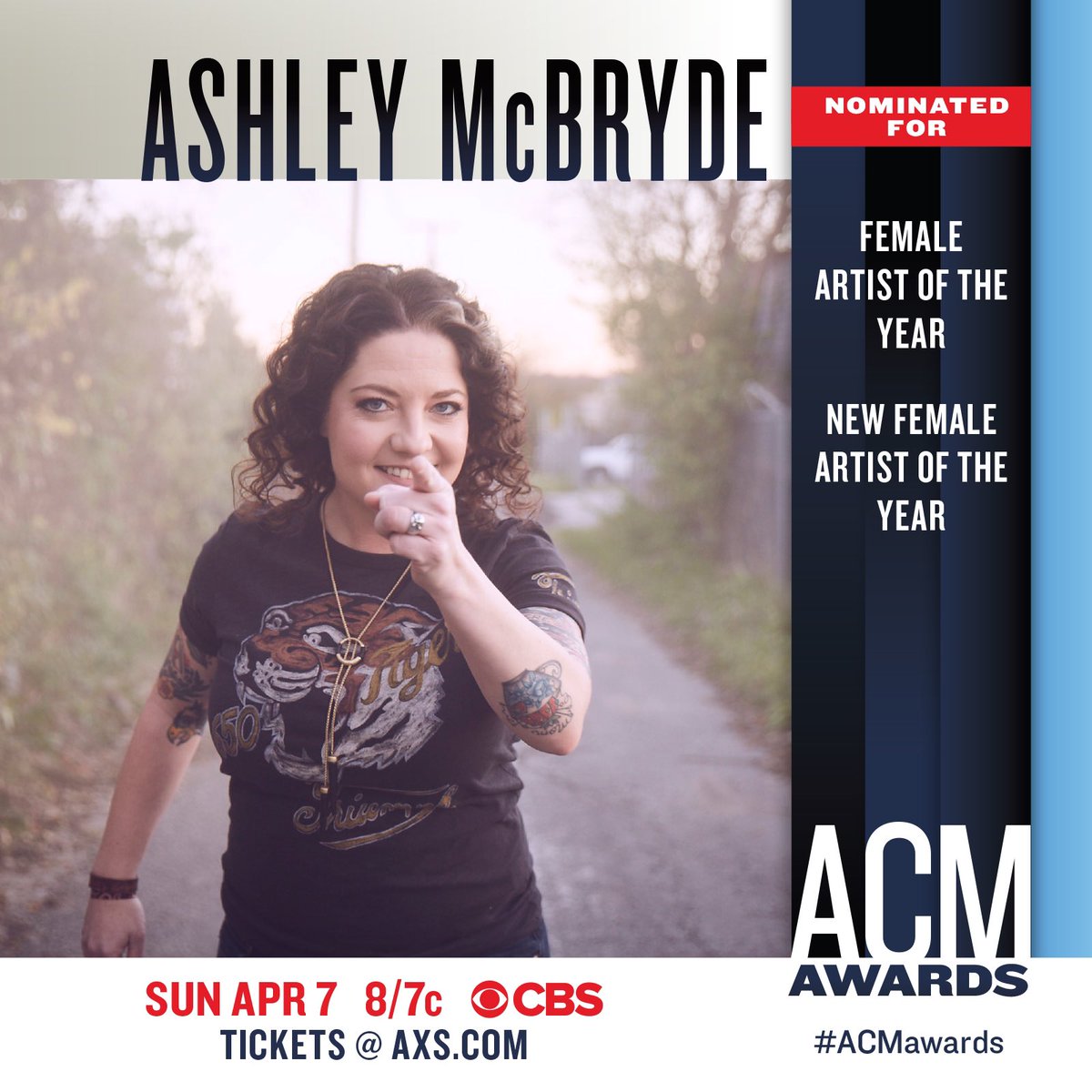 Ashley is nominated for New Female Artist of the Year and Female Artist of the Year at the <a href="/ACMawards/">ACM Awards</a>! Be sure to tune in on April 7. #ACMawards
-Team Ashley