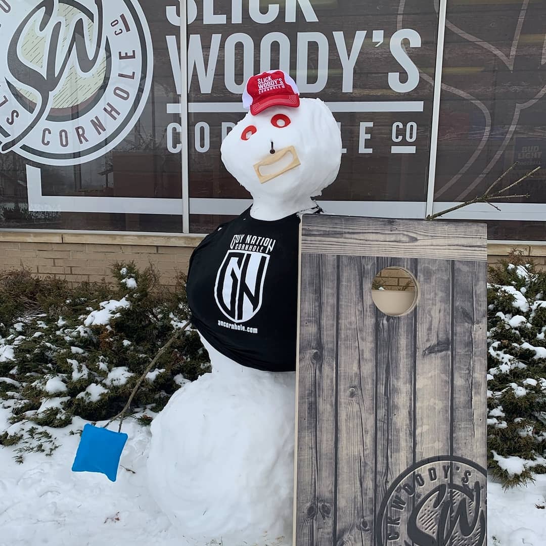 slickwoodys's tweet photo. Everyone meet Slick. Our friendly snowman made out of Slick Woodys products &amp; love. We like to have fun some daya at work, cant you tell? 😜 Let's see your creation! Be as creative as you want. We would love to see some out of the box ideas🤯#cornholefun #snowman #Guynation https://t.co/96Xd8JqhQE