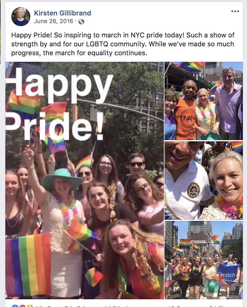 2016: Senator Kirsten Gillibrand marches in solidarity for Trans, Lesbian, Bisexual and Gay Equal Rights, Visibility and Liberation. 