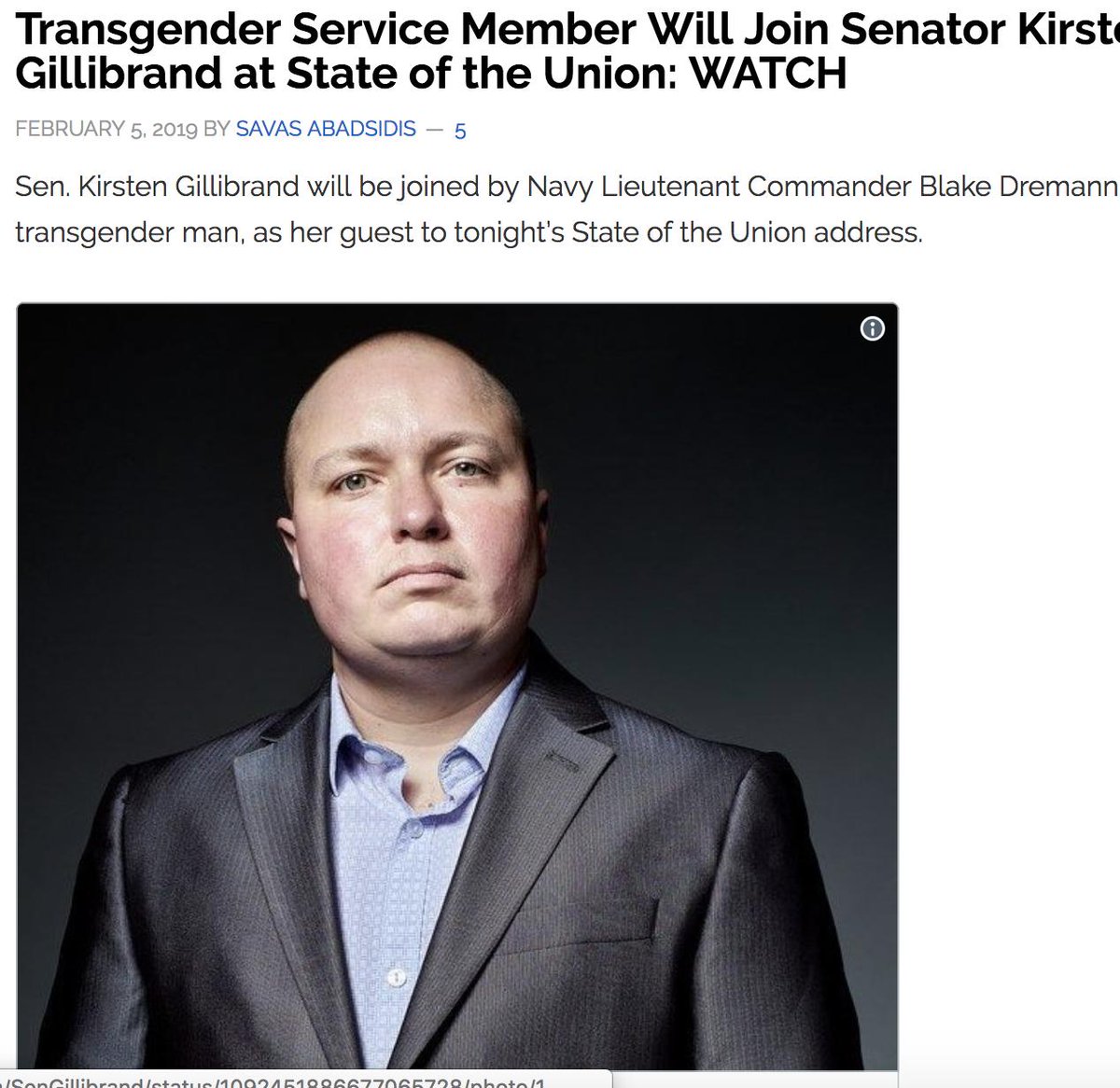 Andy Towle reports on Kirsten Gillibrand's choice of a trans service member, Lt. Commander Blake Dremann as her State of the Union guest.  http://www.towleroad.com/2019/02/transgender-4/?fbclid=IwAR0e-MKYE12NE7plSvgq6_LiGTpdqSIbp9OhCw5Ja2kZcV5LhVoavMoeVgI