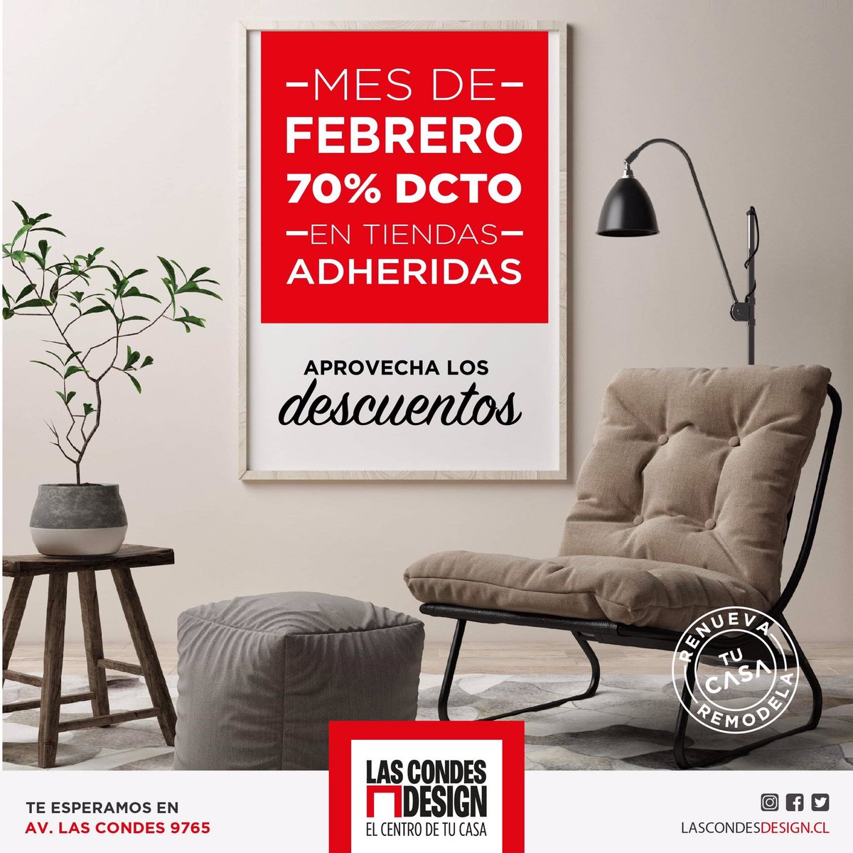 Encuentra los mejores productos y opciones para renovar, remodelar y armar tu casa 🏚🏡 como siempre soñaste 🙌🤩 con hasta un 70% de descuento en tiendas adheridas a esta promoción durante febrero 👍😬. 

¡No digas que no te lo dijimos! Te esperamos en Av. Las Condes 9765.