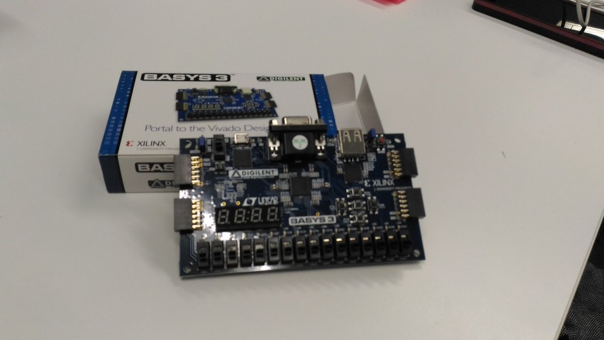 gacaffe's tweet photo. @EPSCEU @ingCEU @AvnetSilica @ieeecassociety Mañana probaremos diseños en FPGA. Tomorrow we will test some designs on FPGA boards #FPGA #AHIR #BASYS3 @DigilentInc @XilinxInc https://t.co/LylTvNb0P3