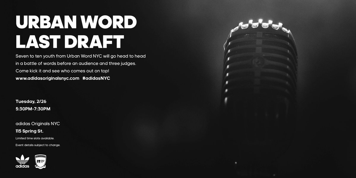 urbanwordnyc's tweet photo. Next week’s Tuesday First Draft Open Mic will be our #LastDraft at @AdidiasOrginals @ 530-730PM at 115 Spring St. Come kick it with us for some fierce competition, and poems that will make your mouth drop. See you then, UWFamily! 🤘 🤘 🤘 🤘 🤘 🤘 https://t.co/ayhxCgpw3d
