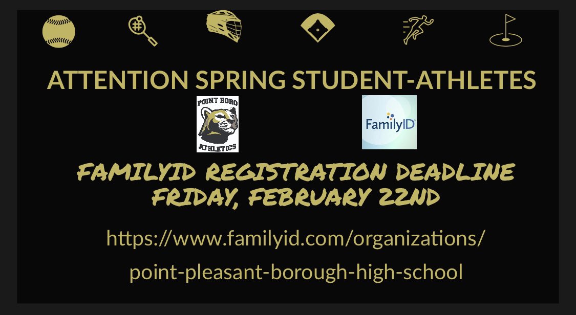 PPHS_Athletics's tweet photo. The deadline to register for the spring season is approaching! All Student-Athletes participating in the spring must register through FamilyID and have a current physical on file with the HS nurse by Friday, February 22nd to be eligible for the 1st day of tryouts https://t.co/GzRyM0Kp1a