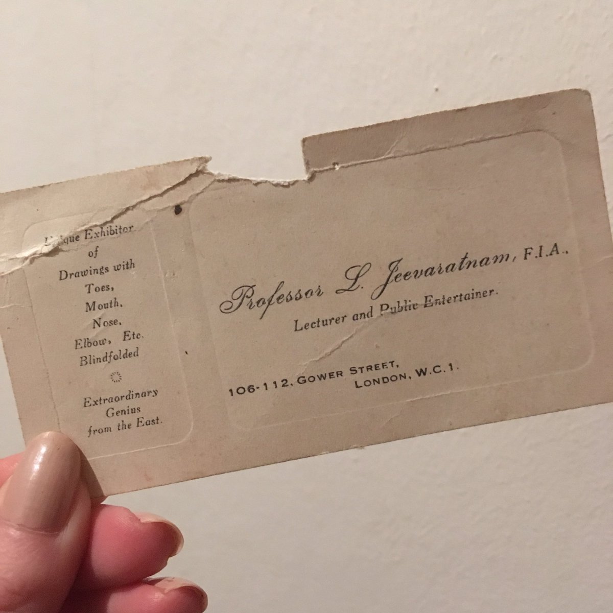 Found one of my great-grandfathers business cards while sorting out Grandads house last week. #mouthpainting #gowerstreet #london #familyhistory #ancestry #artist #jeevaratnam