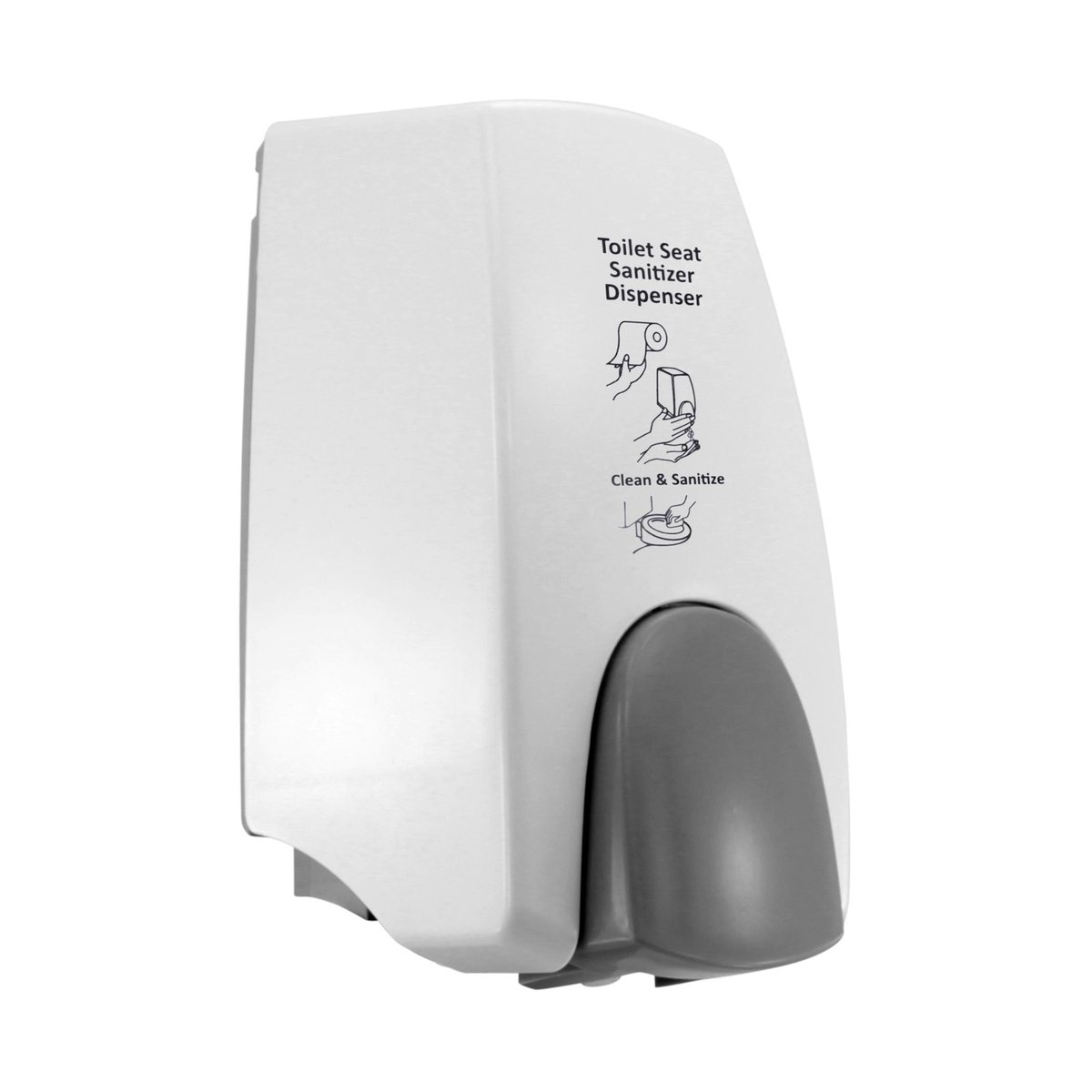 A wall-mounted dispenser that looks like a soap dispenser, but it's labeled as "Toilet Seat Sanitizer" shows instructions for spraying it on a piece of toilet paper and using that to wipe off the seat before use