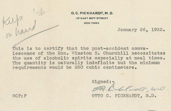 openculture's tweet photo. Winston Churchill Gets a Doctor’s Note to Drink “Unlimited” Alcohol in Prohibition America (1932) https://t.co/kHwziNDhB3 https://t.co/nE1cVPPccK