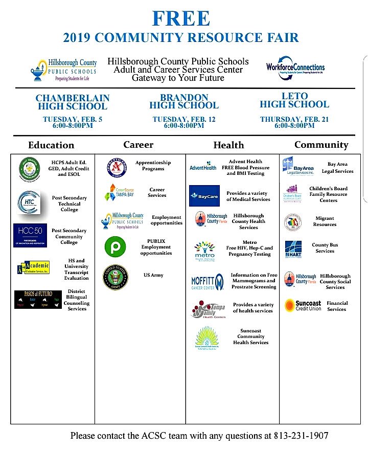 Hillsborough Schools (@hillsboroughsch) on Twitter photo Don't miss the final <a href="/HCPSCTAE/">Dept of Career, Technical, and Adult Ed</a> #CommunityResourceFair <a href="/LetoHighSchool/">Leto High School</a> tomorrow evening, 6:00-8:00 p.m. More info, call 813.231.1907. #GatewaytoYourFuture <a href="/AdventHealth/">AdventHealth</a> <a href="/Publix/">Publix</a> <a href="/MoffittNews/">Moffitt Cancer Center</a> <a href="/tampafamhealth/">Tampa Family Health Centers</a> <a href="/GoHART/">HART 🦩</a> @MetroTampaBay <a href="/BayCare/">BayCare</a> <a href="/HillsboroughFL/">Hillsborough County</a> Don't miss the final <a href="/HCPSCTAE/">Dept of Career, Technical, and Adult Ed</a> #CommunityResourceFair <a href="/LetoHighSchool/">Leto High School</a> tomorrow evening, 6:00-8:00 p.m. More info, call 813.231.1907. #GatewaytoYourFuture <a href="/AdventHealth/">AdventHealth</a> <a href="/Publix/">Publix</a> <a href="/MoffittNews/">Moffitt Cancer Center</a> <a href="/tampafamhealth/">Tampa Family Health Centers</a> <a href="/GoHART/">HART 🦩</a> @MetroTampaBay <a href="/BayCare/">BayCare</a> <a href="/HillsboroughFL/">Hillsborough County</a>