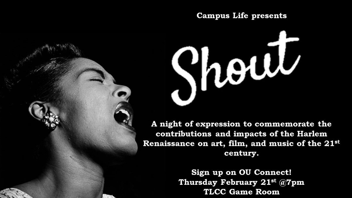 selatoglethorpe's tweet photo. Don't forget to come out to Thursday Tingz' Shout, where it is a night of expression showing homage to the Harlem Renaissance! On Feb. 21 at 7 p.m. in the TLCC Game Room! https://t.co/8wl4l4gQ9v