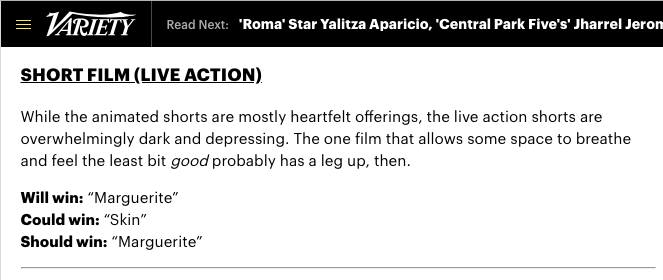 <a href="/Marguerite_Film/">Marguerite Short Film</a> is <a href="/Variety/">Variety</a>'s will win / should win in Best Live Action Short Film! 😯 💖🤞#OscarsCountdown