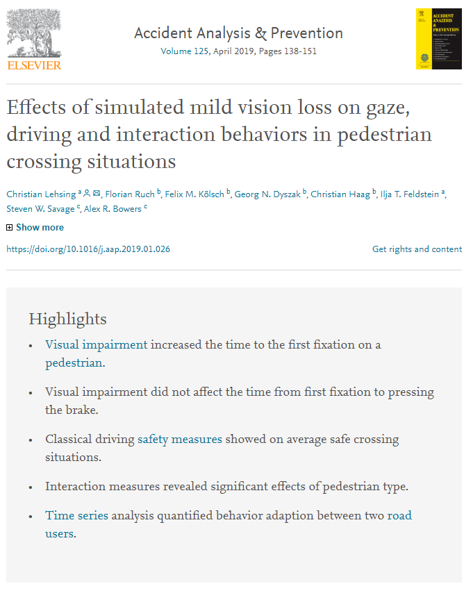 bowers_lab's tweet photo. We've published a first paper from our collaboration with @TU_Muenchen in Accident Analysis and Prevention! "The effects of simulated mild vision loss on gaze, driving and interaction behaviors in pedestrian crossing situations" is now available online: https://t.co/gDUb9cf7RW https://t.co/W4tLr0JgOl