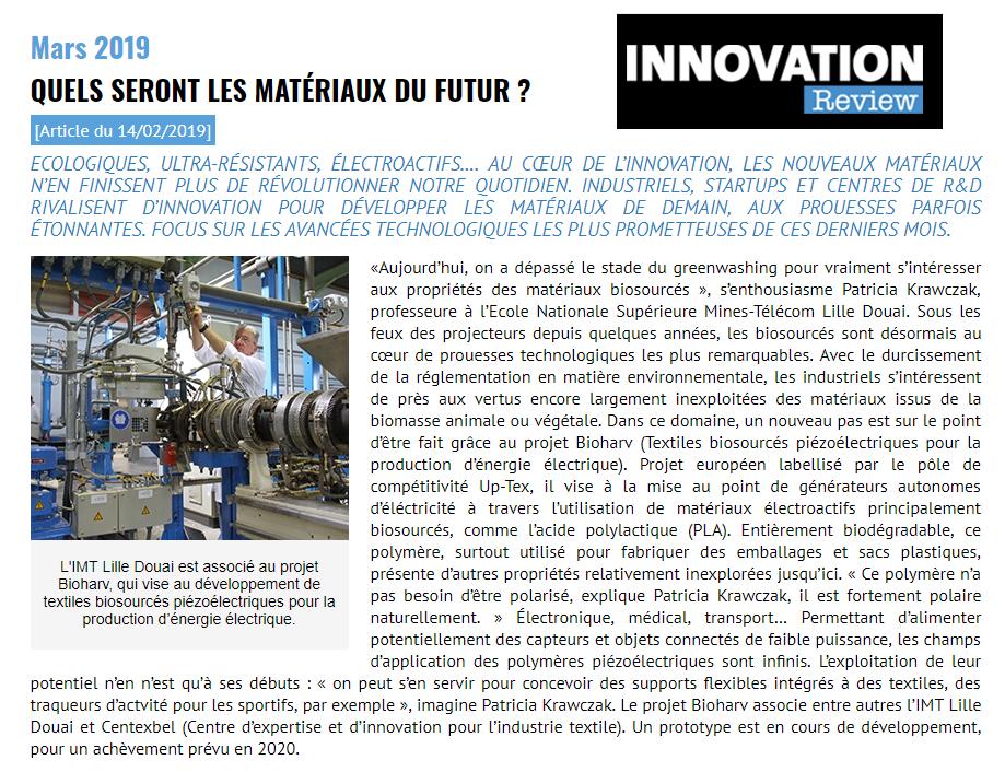 P_Krawczak's tweet image. Quels seront les matériaux du futur ? Ecologiques, ultra-résistants, électroactifs … | Focus sur le projet @InterregFWVL #BIOHARV piloté par #TPCIM @IMTLilleDouai @_ARMINES_ 👉innovationreview.eu/articles.php?a… v/@Innovation_RW #Plasturgie #Polymères #Textiles #Composites #EnergyHarvesting