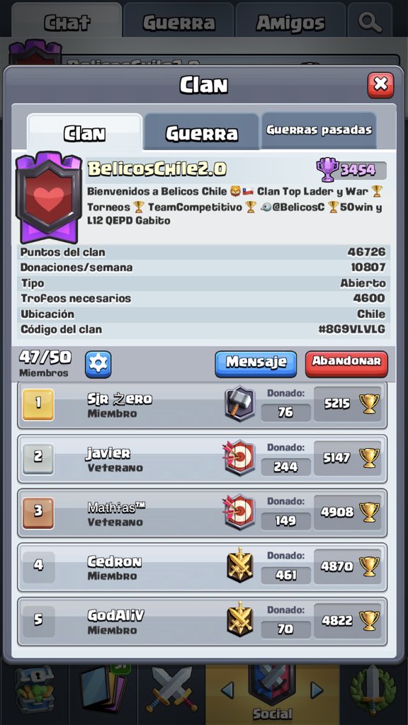 <a href="/SalsitaRoyaleCL/">Salsita Royale 🎄</a> <a href="/CupGabito/">GabitoCup</a> <a href="/SuntzuGaming/">Suntzu Gaming™</a> <a href="/Mbchile1/">MB chile</a> @DarkWarriorst <a href="/ComunidadCrCh/">Comunidad Chilena de CR</a> @SeleccionChleCR <a href="/NewSchool_CL/">New School CL (Cerrado actualmente)</a> <a href="/AlianzaCup/">AlianzaCup</a> @SecryGamer Belicos Presente 🧸🎈