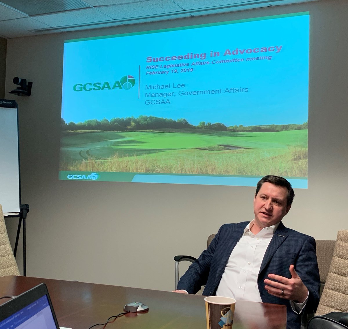 The Legislative Affairs Committee enjoyed hearing from <a href="/kansascitymikey/">Michael Lee</a> from <a href="/GCSAA/">GCSAA</a> yesterday. Thanks for stopping by, Michael! #Advocacy #SpeakUp #Turf