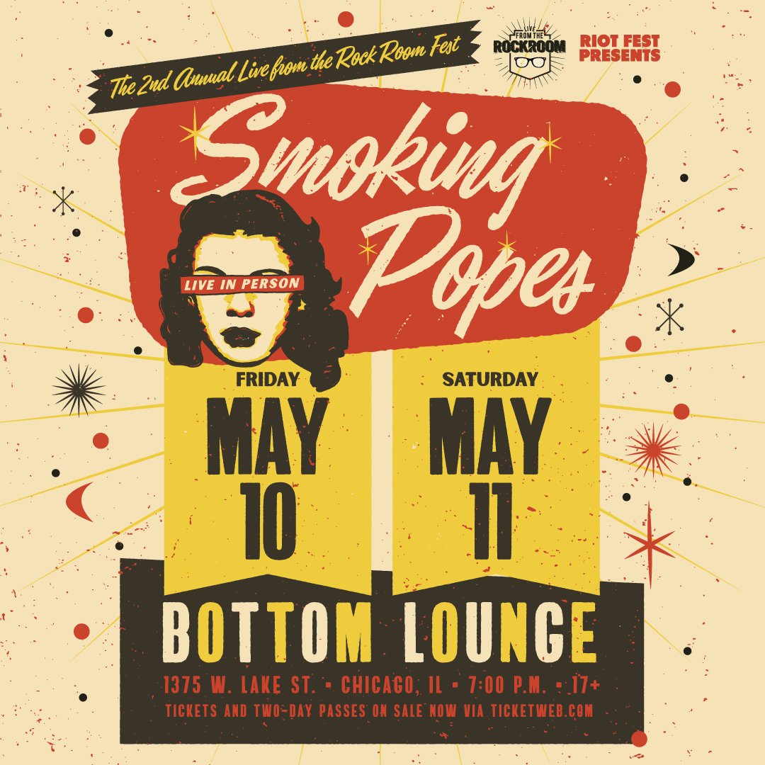 JUST ANNOUNCED: <a href="/RiotFest/">Riot Fest</a> &amp; <a href="/smoking_popes/">Smoking Popes</a> present...Live From the Rock Room Fest on May 10th and 11th! Single day tickets &amp; Two-Day Passes are ON SALE NOW!

5.10: bit.ly/RockRoom_0510
5.11: bit.ly/RockRoom_0511
Two-Day Pass: bit.ly/RockRoom_TWO-D…