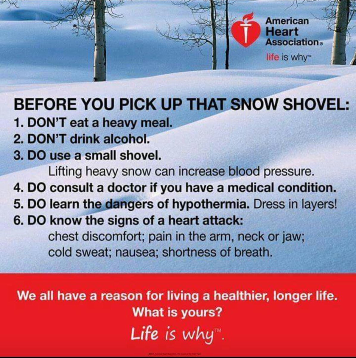 Handy reminders from the <a href="/American_Heart/">American Heart Association</a>!! When shoveling snow avoid overexertion! Use proper form, stretch, push snow vs. lift, take breaks &amp; stay hydrated. ❄️🧥🧣🧤💪💦#SnowDaySafety #Loudoun #WinterWeather <a href="/Chief600KJ/">Keith Johnson</a> <a href="/LCFRVolunteers/">LCFR Volunteers</a> <a href="/IAFF3756/">IAFF Local 3756</a>