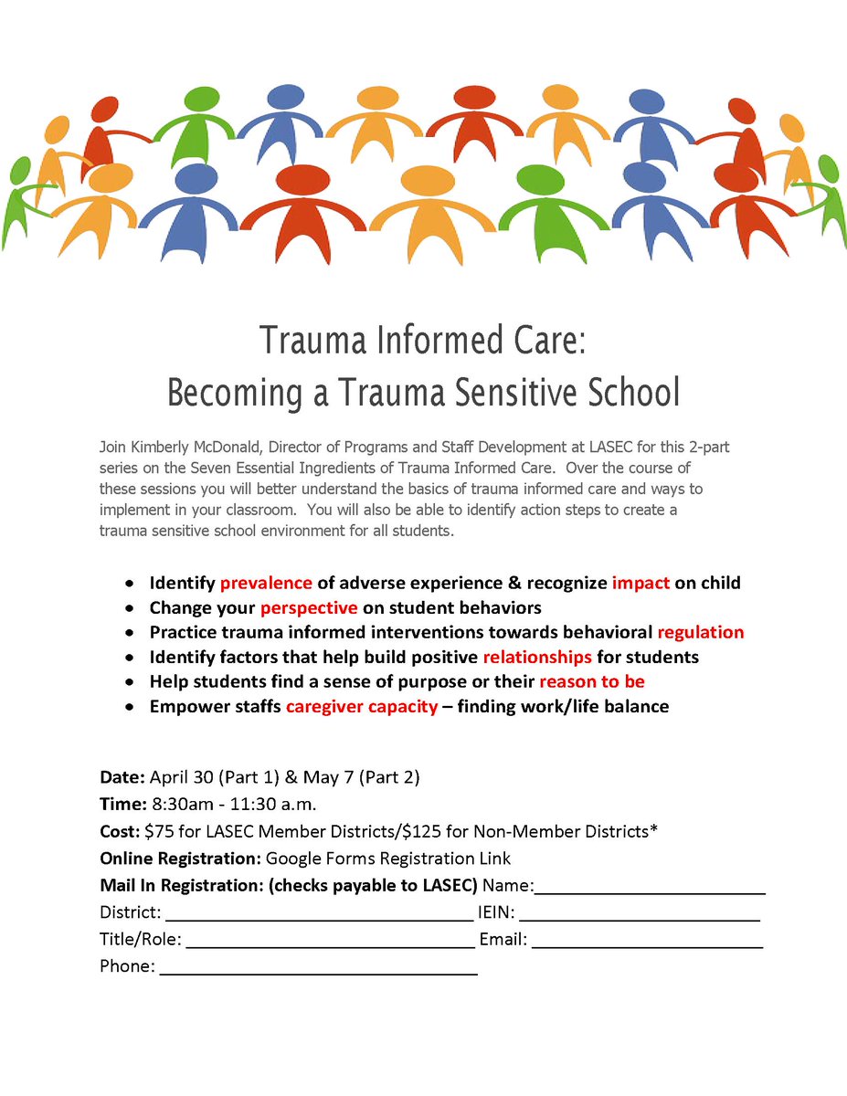 LASEC1343's tweet photo. @LASEC1343 is hosting a 2-part PD series on Trauma Informed Care. Registration is now open for the school-based professional. Become trauma informed today. #traumainformedcare #socialworker #willcounty #sped https://t.co/IbRubYk5Jz https://t.co/5v5l1PbVWo