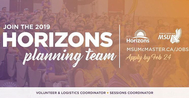 FOUR More Days left to apply for the Horizons planning team!!! 🎉

We are hiring for: 1 Volunteer &amp; Logistics Coordinator &amp; 1 Sessions Coordinator 🌟 

Check out msumcmaster.ca/jobs for more info on these AMAZING positions. 💜💛