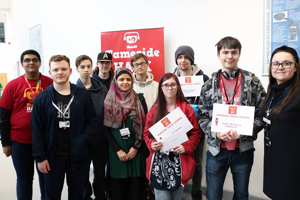 TamesideCollege's tweet photo. Congratulations team Tameside/@ClarendonSixth, two prizes in the @TamesideHack! Well done to team DigitalFlame winning the Brother Challenge and Kurtis Hall taking special recognition award! https://t.co/6bsdSZToIK