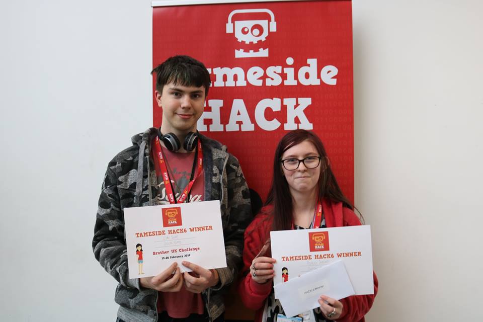 TamesideCollege's tweet photo. Congratulations team Tameside/@ClarendonSixth, two prizes in the @TamesideHack! Well done to team DigitalFlame winning the Brother Challenge and Kurtis Hall taking special recognition award! https://t.co/6bsdSZToIK