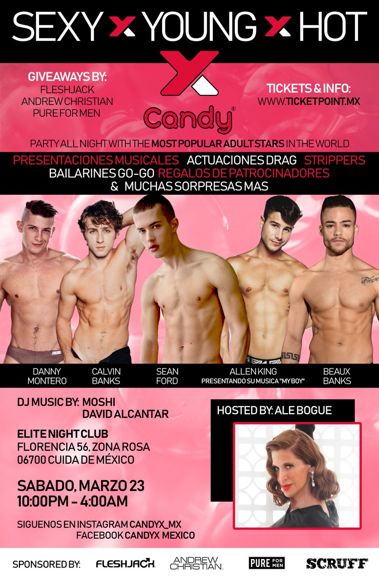 Fleshjack's tweet photo. Mexico City! Get ready for a wild night on March 23 w/5 HOT porn stars! Plus music, dancers, drag AND giveaways from FleshJack, @andrewchristian &amp; @pureformen ... this will be the biggest party of the year! Buy tickets now before the show sells out! https://t.co/tfbpDdN6VS https://t.co/dHngoKI3kS