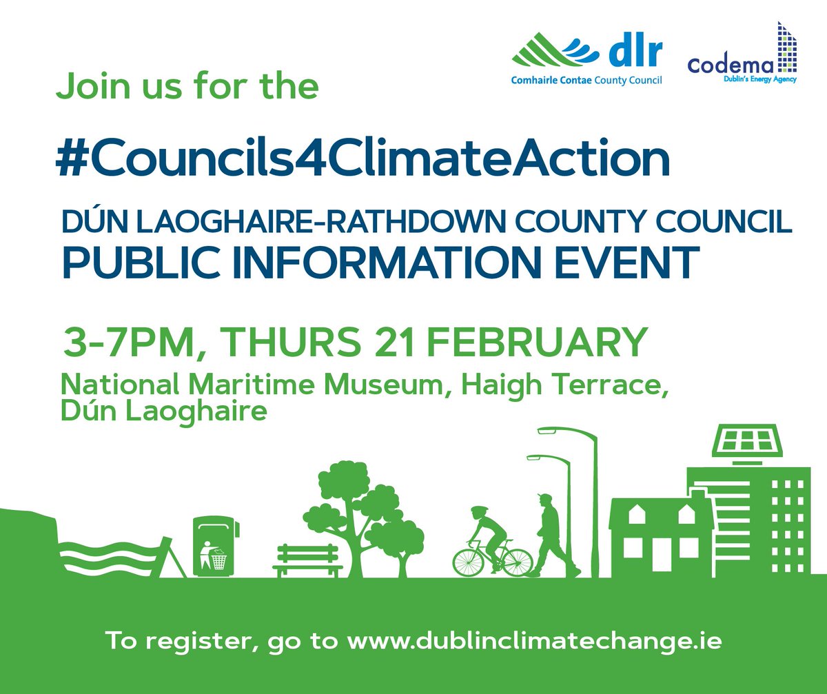 #Councils4ClimateAction public information event on tomorrow Thursday 21 February from 3pm – 7pm in the <a href="/NMMIreland/">National Maritime Museum of Ireland</a> Dún Laoghaire. 

This event will give the public the chance to see how we are climate-proofing our services across a number of key areas.

bit.ly/2FPVtN9