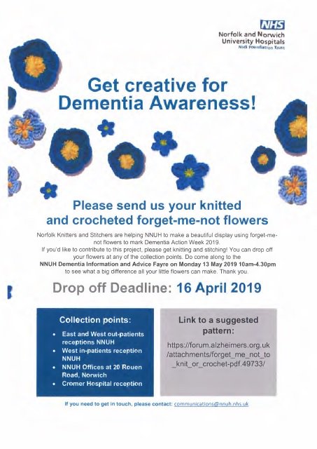 WattonLibrary's tweet image. Do you knit or crochet, we need your help!!!! Dementia Action Week 2019 want to mark the week with a lovely display of forget-me-not knitted or crocheted flowers. We have copies of patters nnuh.nhs.uk…/getting-creative-for-dementia-awa…/