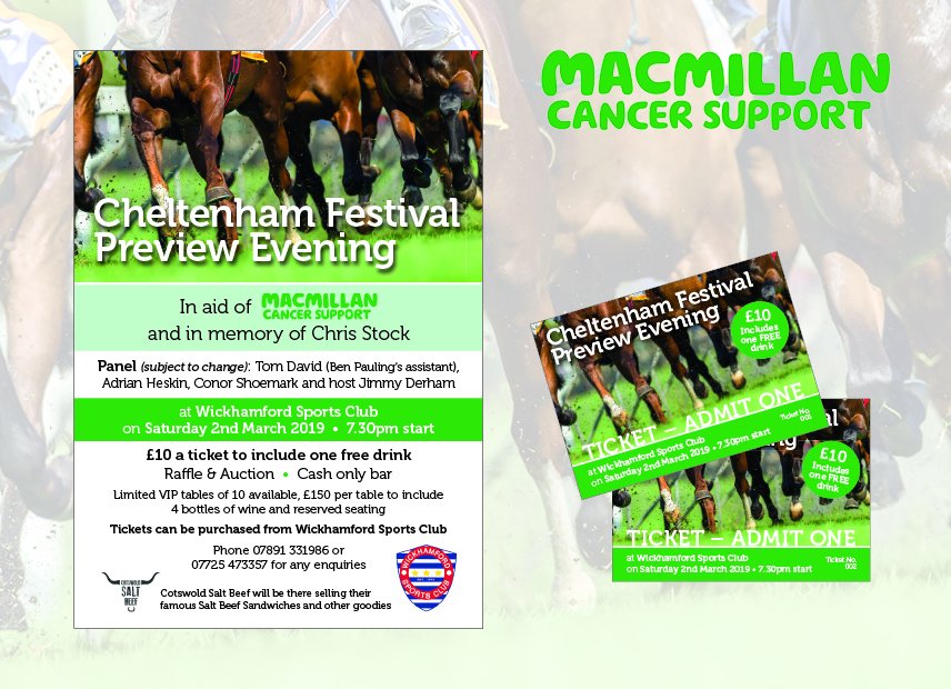 Posters and tickets designed for a <a href="/CheltenhamRaces/">CheltenhamRacecourse</a> festival preview evening in aid of the wonderful <a href="/macmillancancer/">Macmillan Cancer Support</a> 😊

Both posters and tickets printed of course by the excellent <a href="/TypecraftPrint/">Typecraft</a> 👌