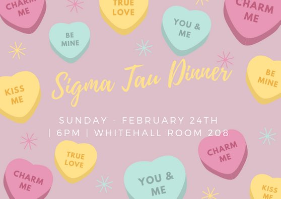 UKSigmaTauDelta's tweet photo. Join us this Sunday for a Sigma Tau Dinner in Whitehall starting at 6 PM. We will be watching a movie and eating a potluck dinner!

(30% off Valentine’s Day candy is encouraged but not required) https://t.co/Mo77T2AmMV