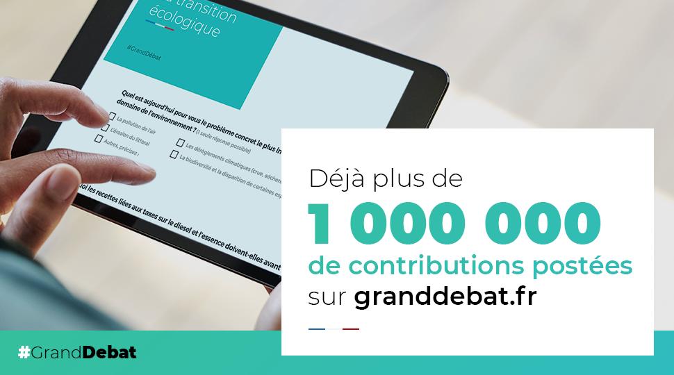 gouvernementFR's tweet photo. Déjà 1️⃣ 0️⃣0️⃣0️⃣ 0️⃣0️⃣0️⃣ de contributions sur la plateforme du #GrandDébat ! Vous pouvez toujours contribuer jusqu'au 15 mars sur la plateforme 👉 https://t.co/NdlQmpqTO5 https://t.co/k1uVQ5J5LE