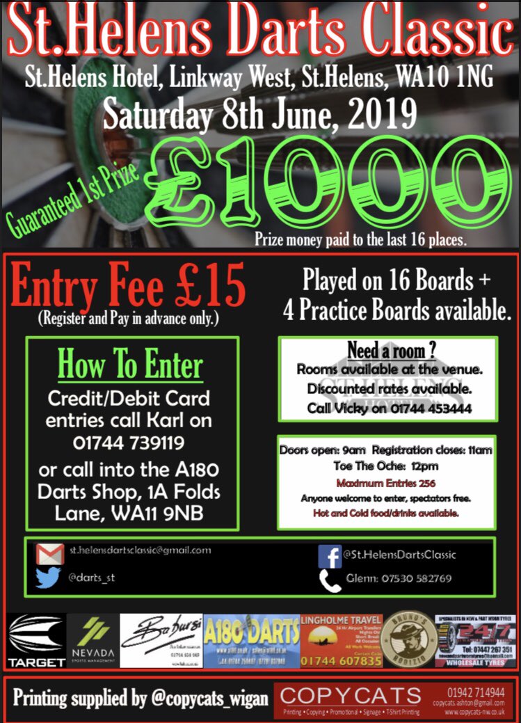Rooms available <a href="/sthelenshotel/">Mercure St.Helens Hotel</a> for the tournament on June 8th can be booked now. Some bookings already placed. Really looking forward to this event. To guarantee your entry pre enter now. No entries on the day. See @darts_st for all details of how to enter and how to book hotel.